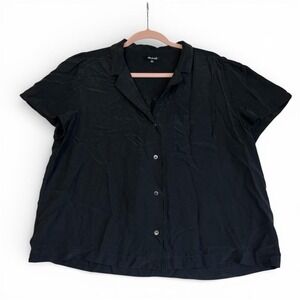 Madewell Black 100% Silk Short Sleeve Button Front Blouse‎ XL